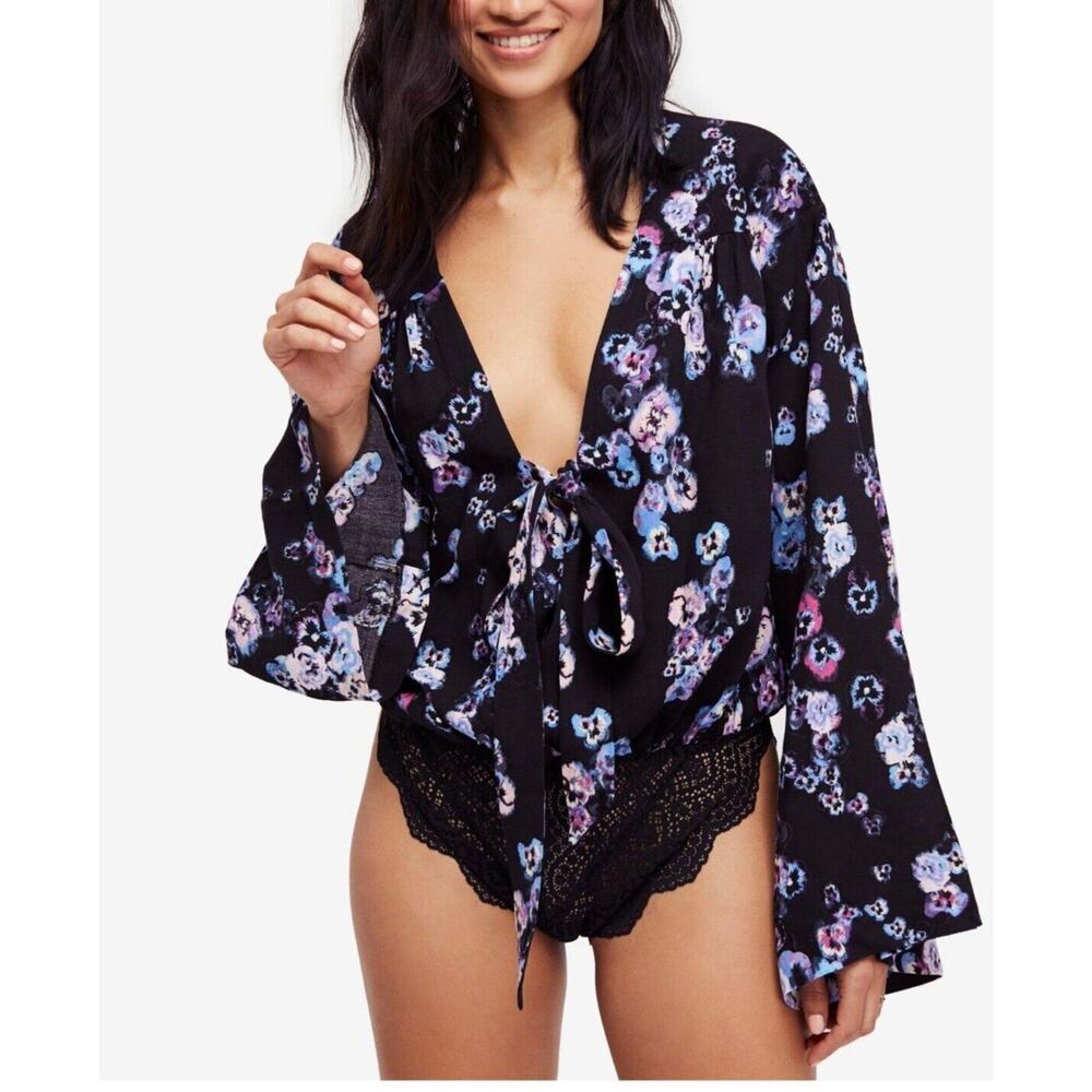 Free People Blue Floral Forties Feel Bodysuit Size Small